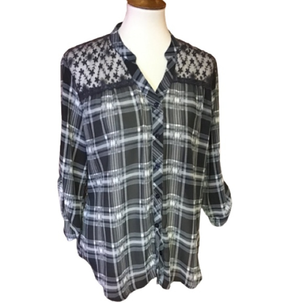 Plaid n lace sheer slouchy top